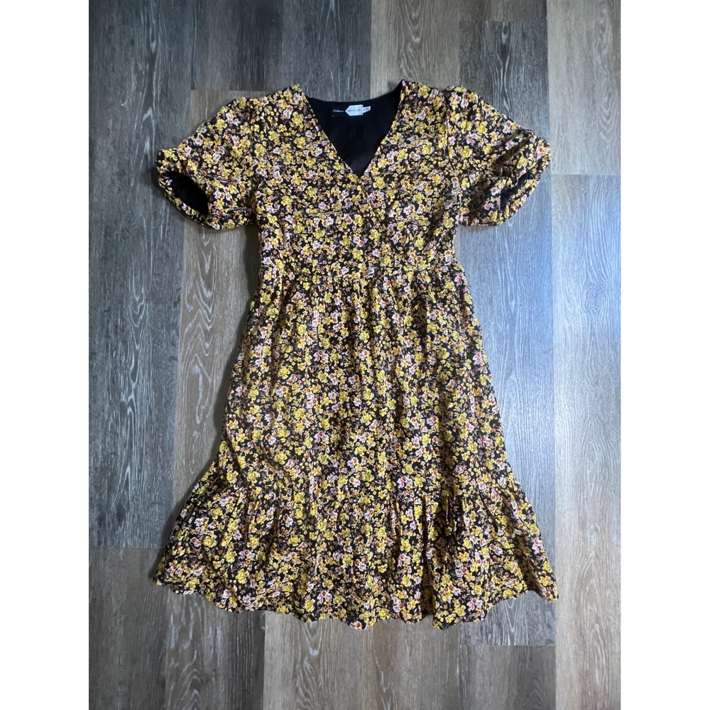 Piper & Scoot Midi Dress Womens Large Yellow Floral V-Neck Puff‎ Sleeve Ruffle
